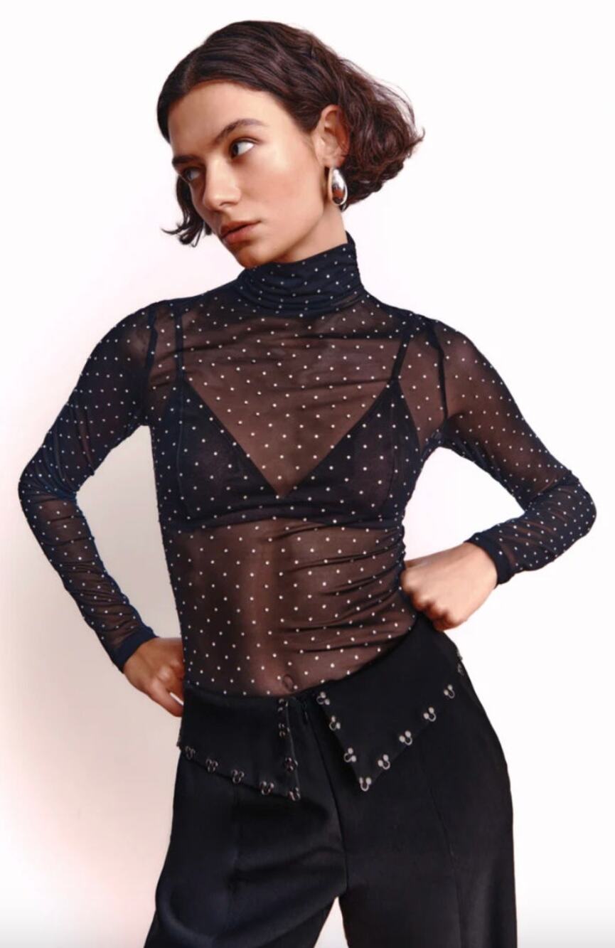 MISHA | NWT Diamante Sandra Mesh Top in Black Sheer Rhinestone Turtleneck XS